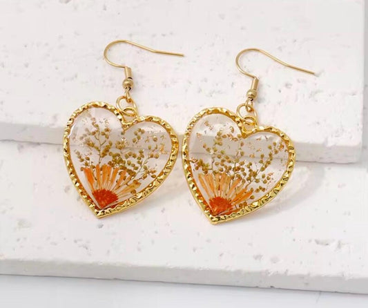 Real Pressed Flower Heart Earrings