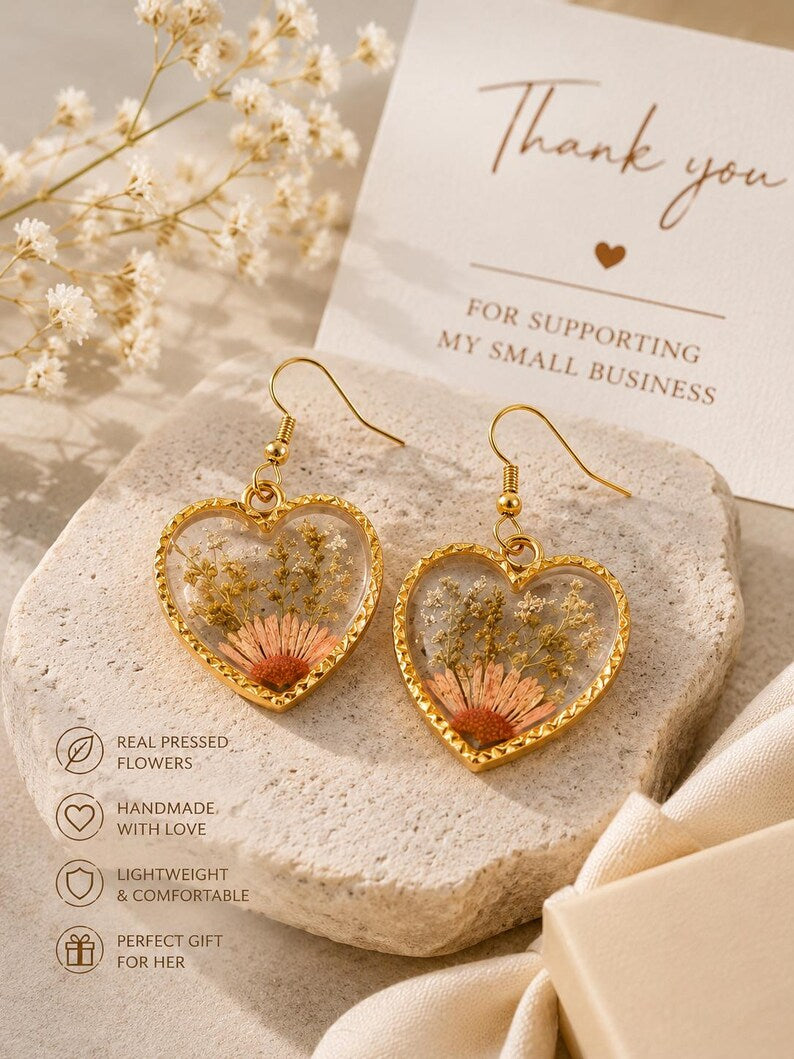 Real Pressed Flower Heart Earrings