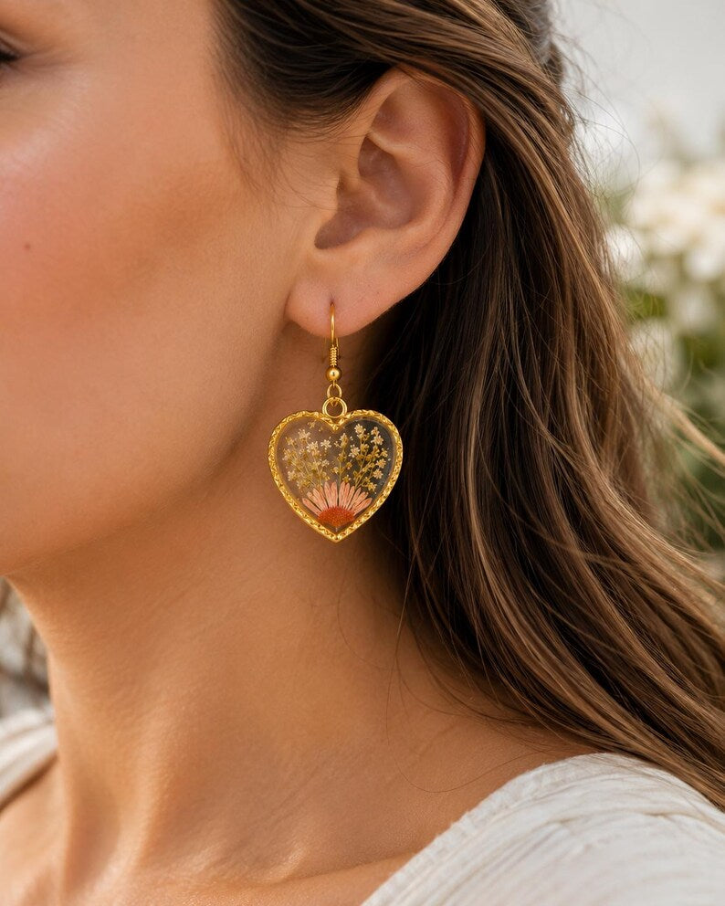 Real Pressed Flower Heart Earrings
