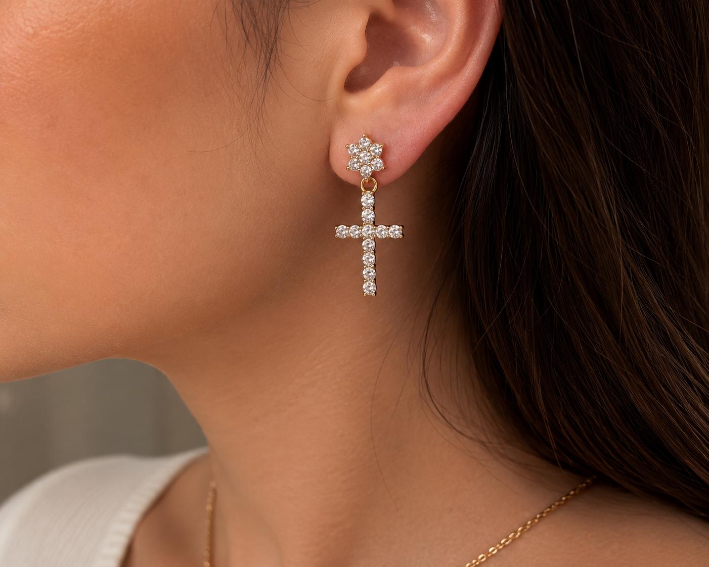 Gold Cross Drop Earrings