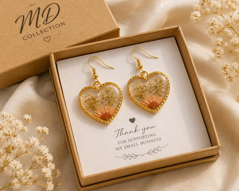 Real Pressed Flower Heart Earrings