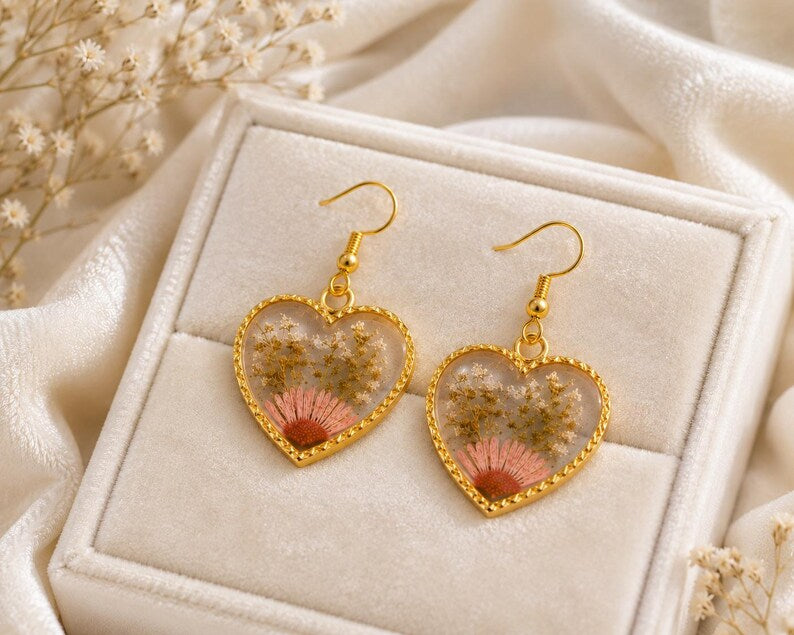 Real Pressed Flower Heart Earrings