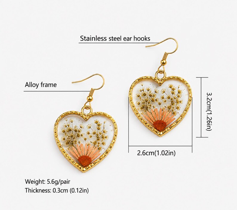 Real Pressed Flower Heart Earrings