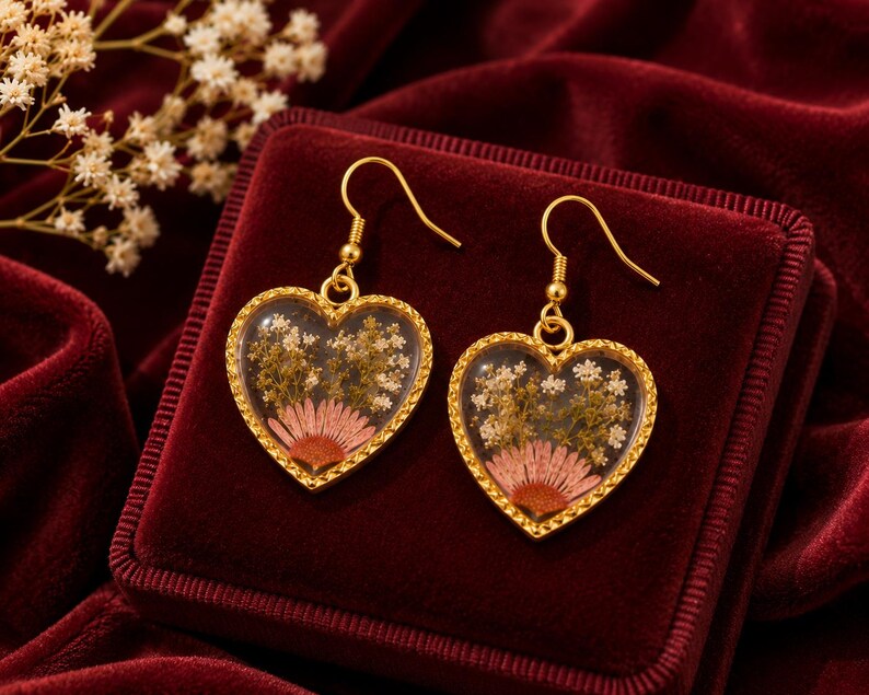 Real Pressed Flower Heart Earrings