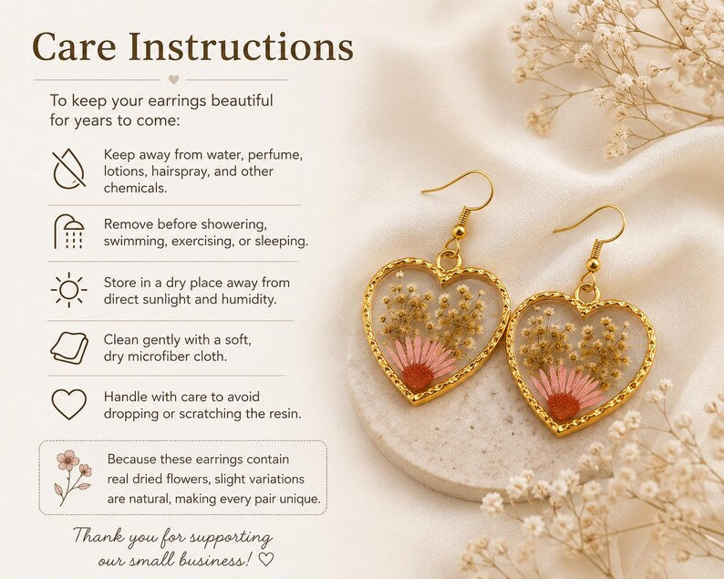 Real Pressed Flower Heart Earrings