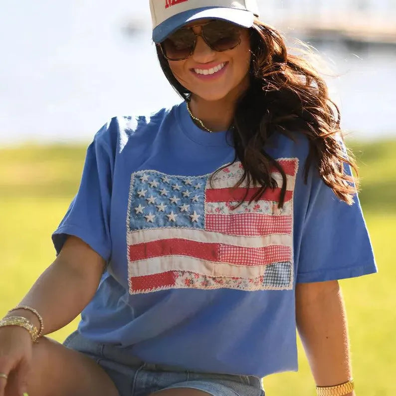 Faux Patchwork American Flag Shirt