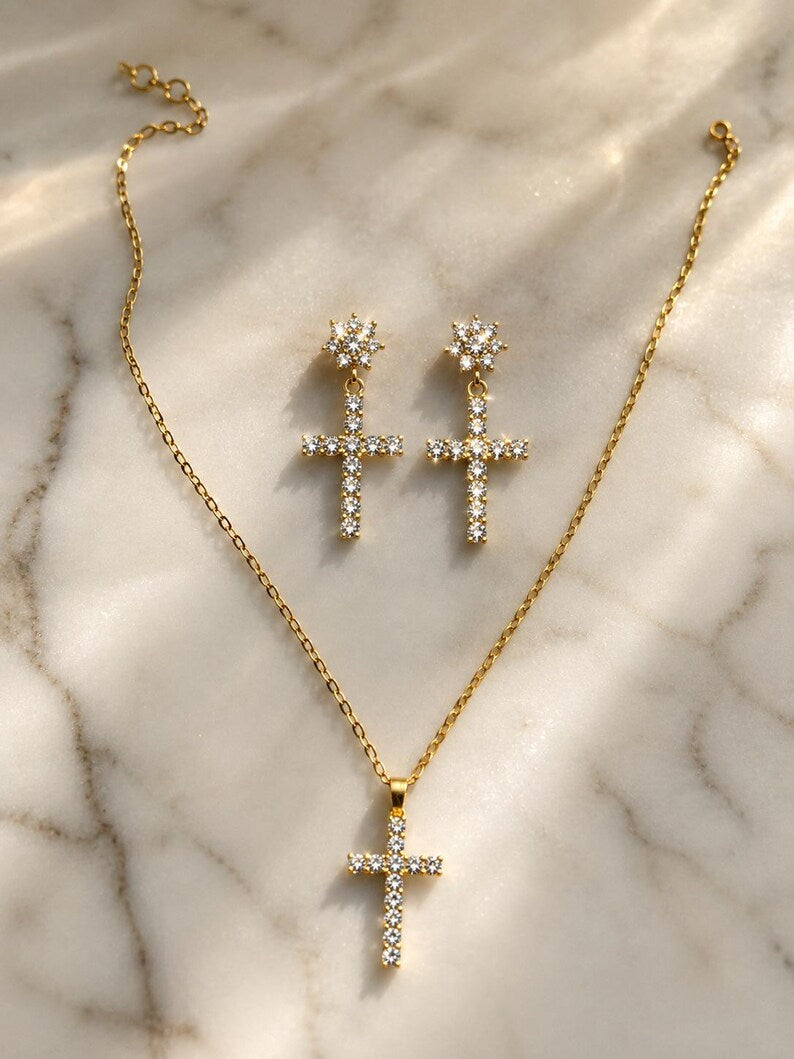 Gold Cross Necklace and Earrings Set