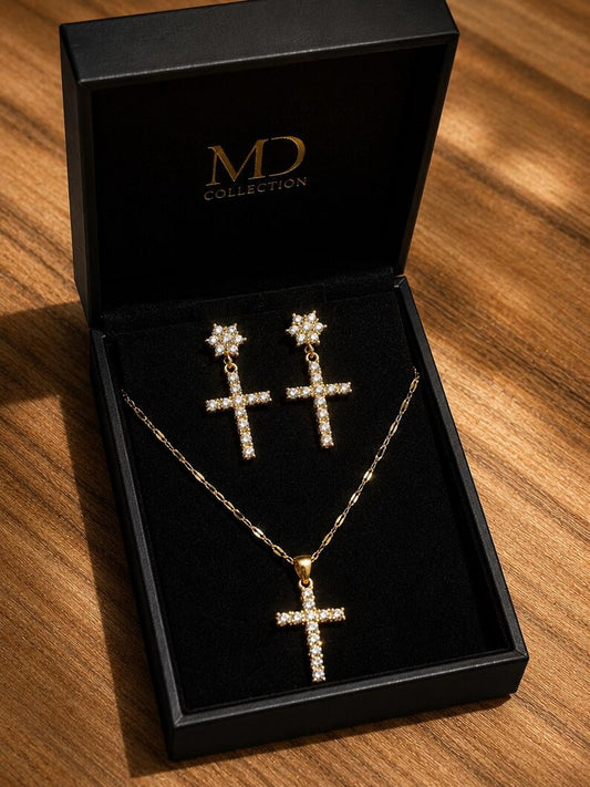 Gold Cross Necklace and Earrings Set