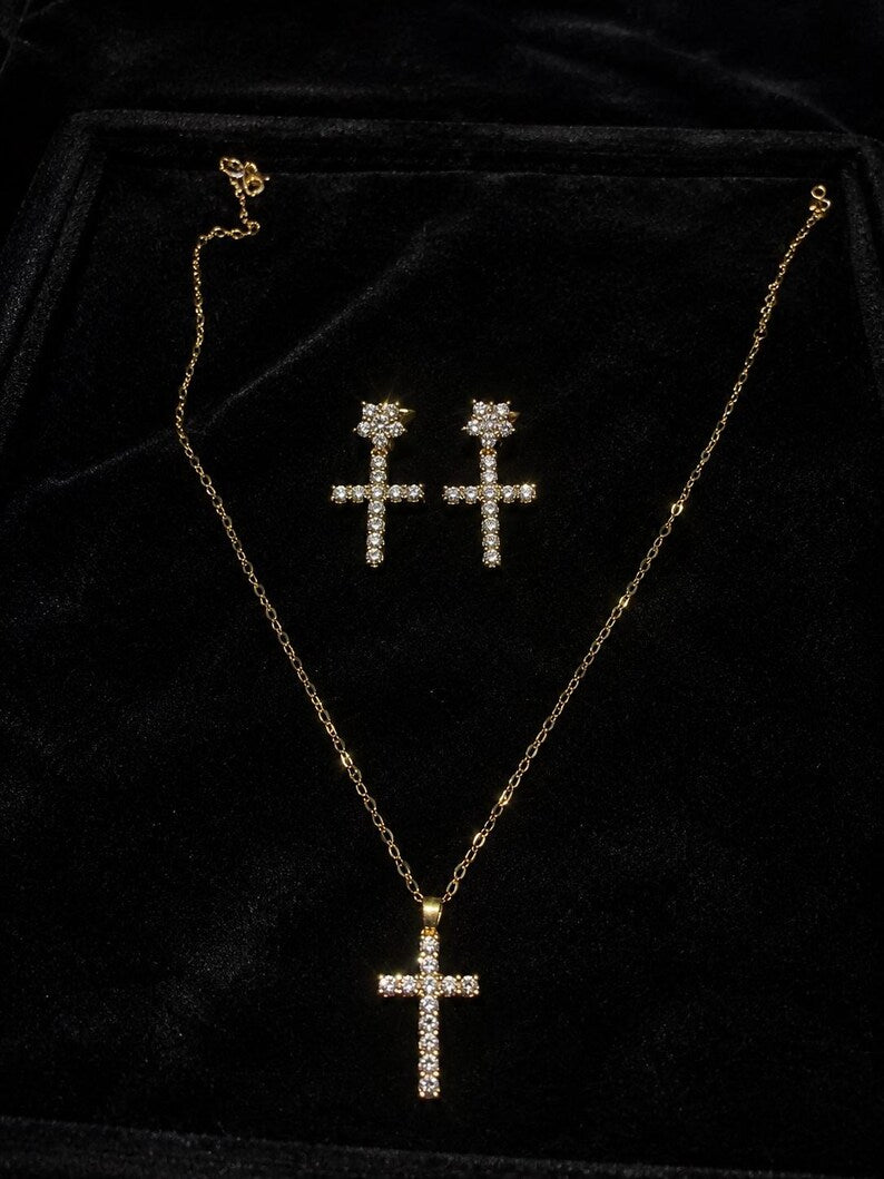 Gold Cross Necklace and Earrings Set