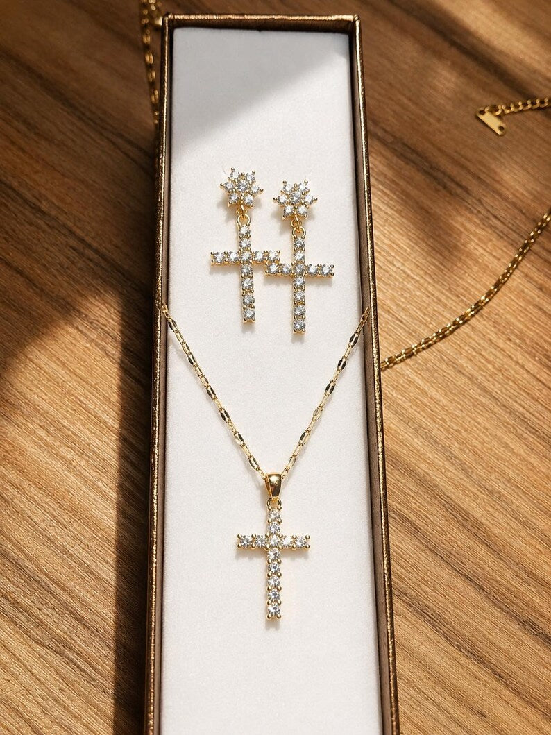 Gold Cross Necklace and Earrings Set