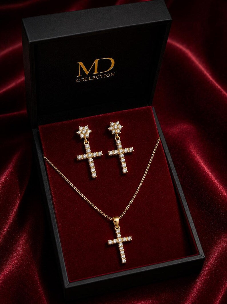 Gold Cross Necklace and Earrings Set