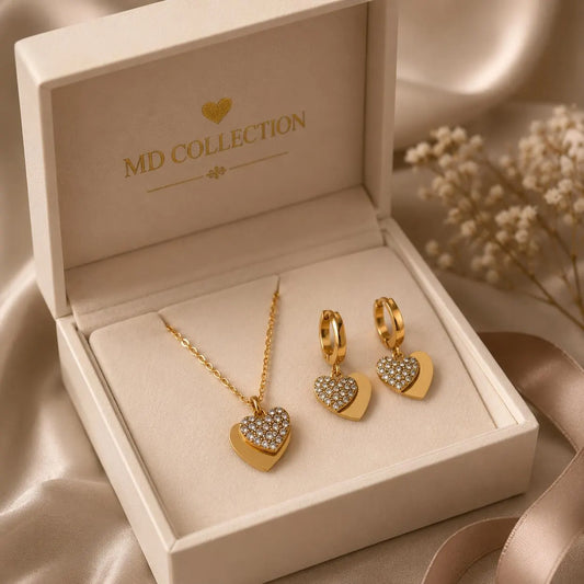 Gold Heart Necklace and Earrings Set