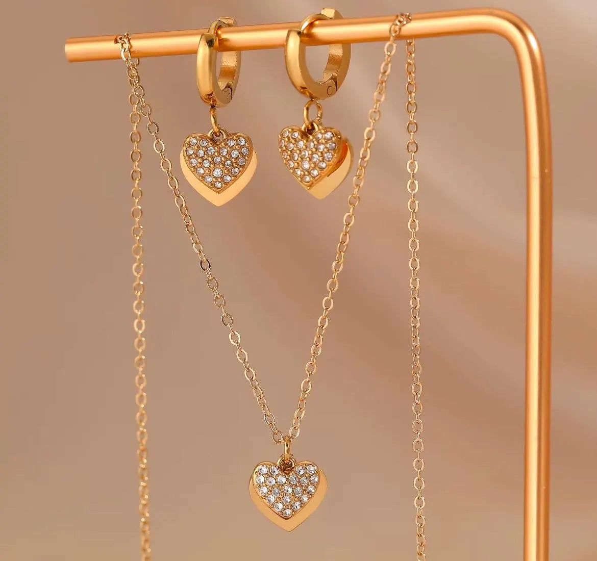 Gold Heart Necklace and Earrings Set