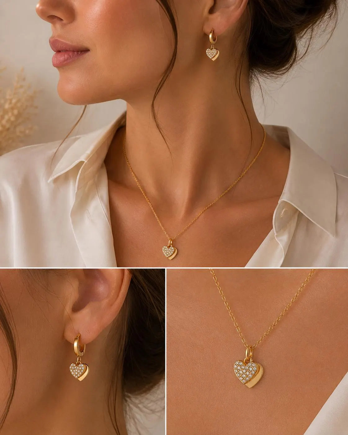 Gold Heart Necklace and Earrings Set