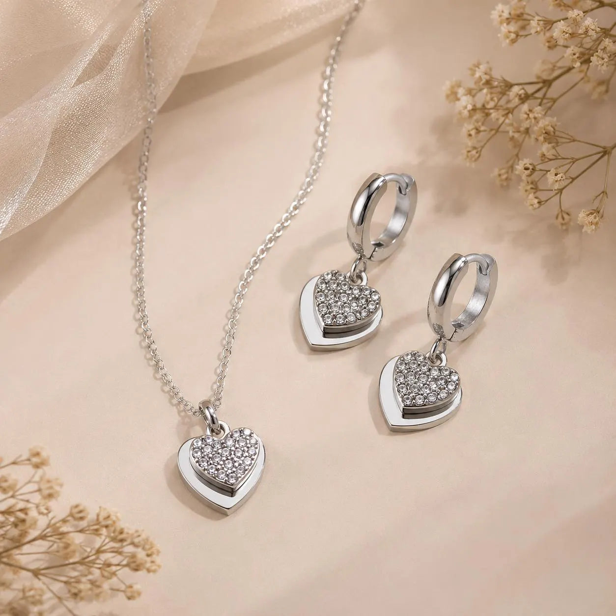 Silver Heart Necklace and Earrings Set