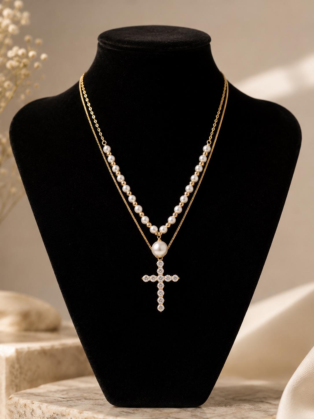 Layered Pearl Cross Necklace