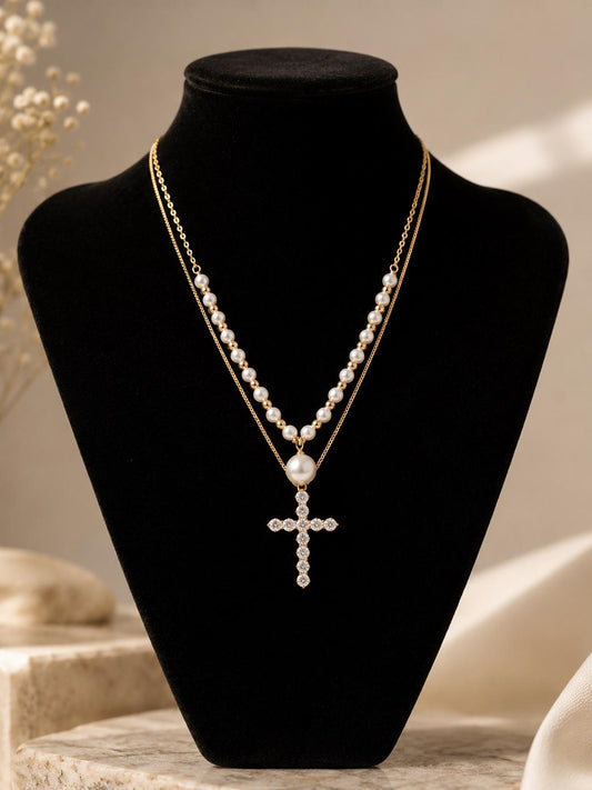 Layered Pearl Cross Necklace