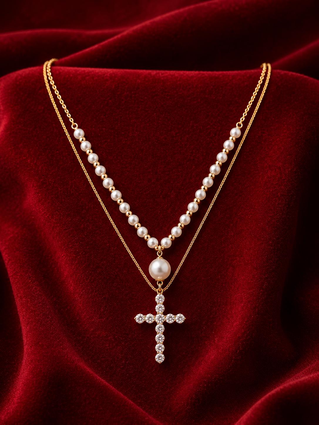 Layered Pearl Cross Necklace