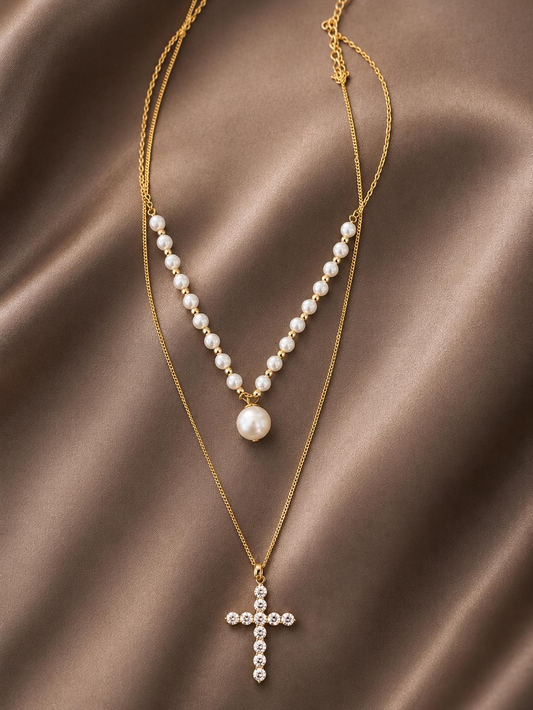 Layered Pearl Cross Necklace
