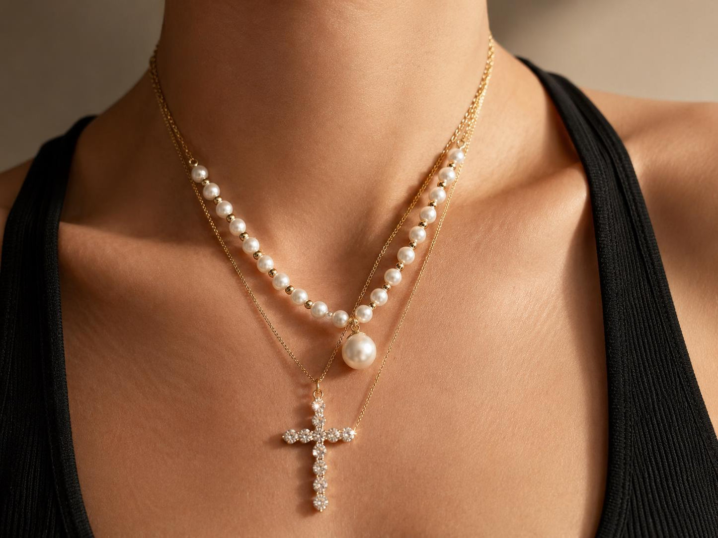 Layered Pearl Cross Necklace