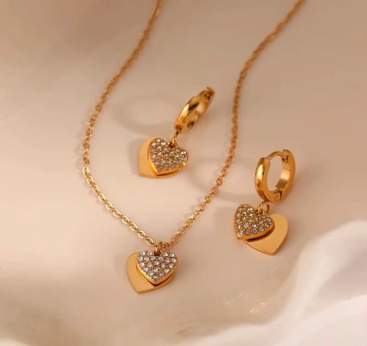 Gold Heart Necklace and Earrings Set
