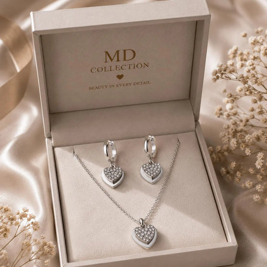 Silver Heart Necklace and Earrings Set