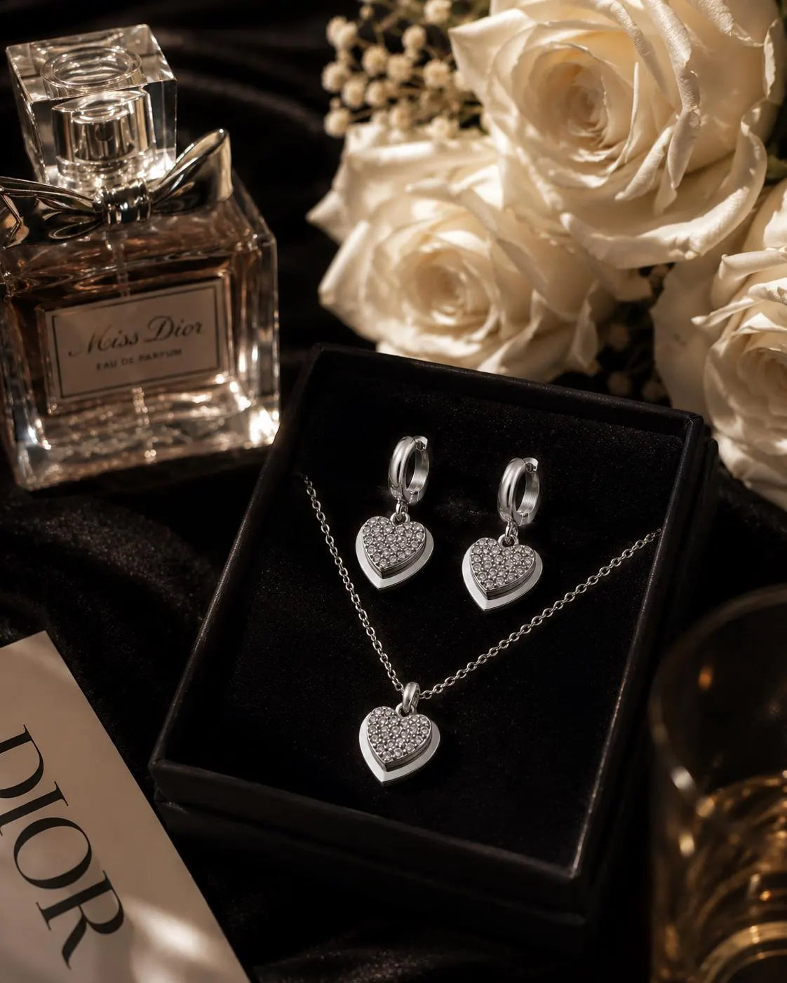 Silver Heart Necklace and Earrings Set
