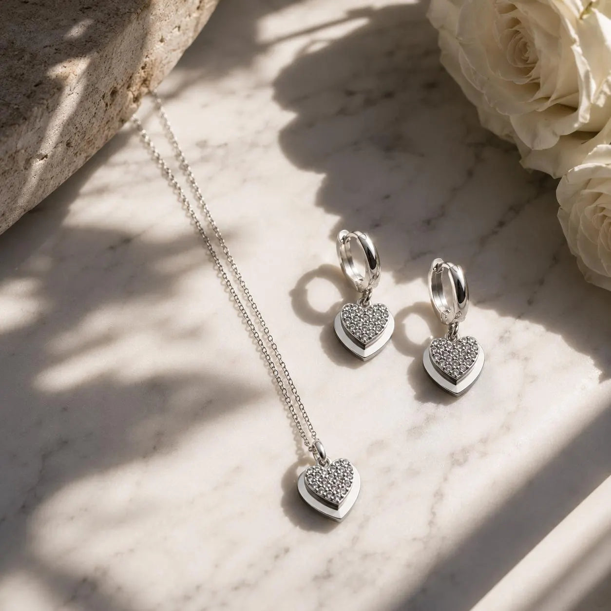 Silver Heart Necklace and Earrings Set