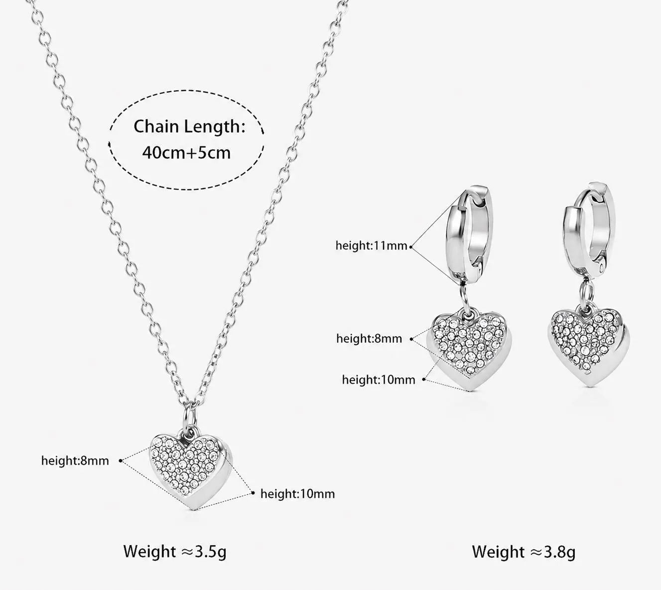 Silver Heart Necklace and Earrings Set